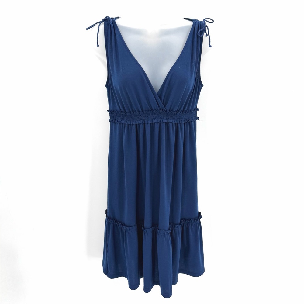 Loft Dress Women’s XS blue Sleeveless Vneck Tie Shoulder Smocked Waist Casual